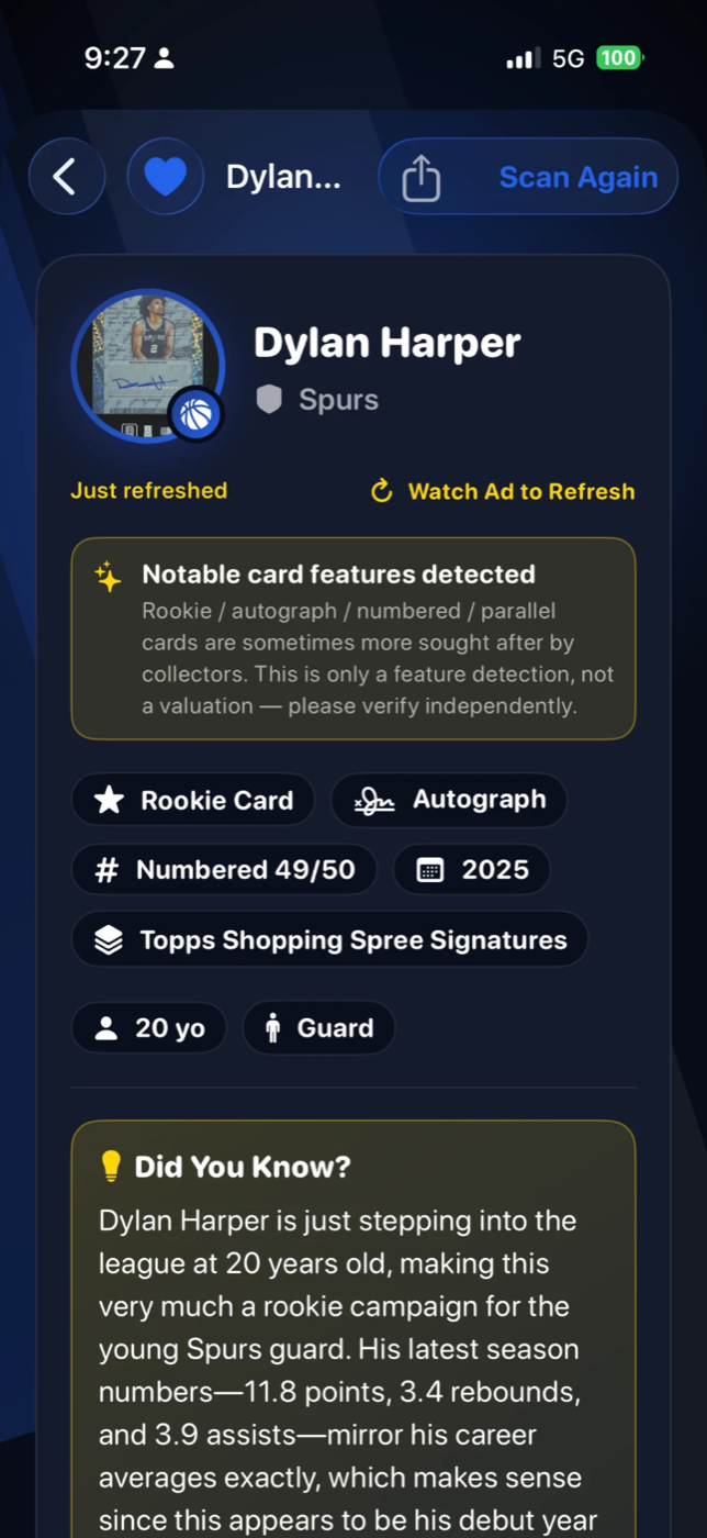 RookiePit sports card scan result screen